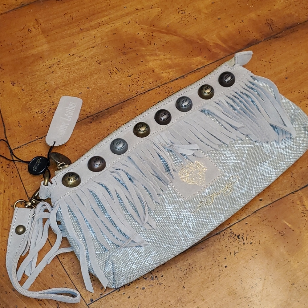 Ed Hardy Beige ferris fringe wristlet purse